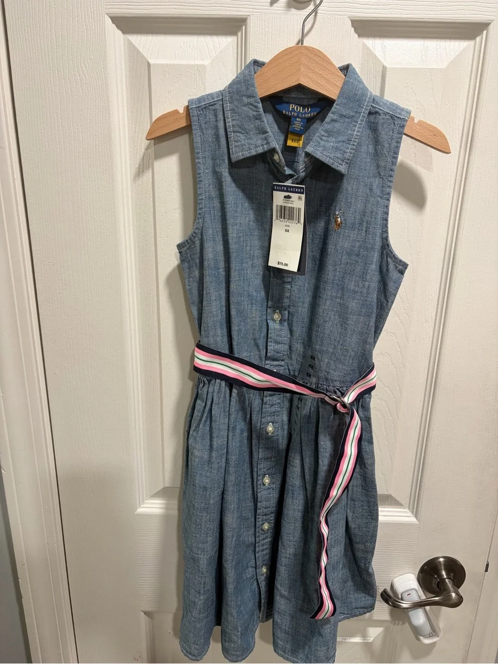Ralph Lauren Girls' Sleeveless Chambray Dress with Stripe Belt - Blue